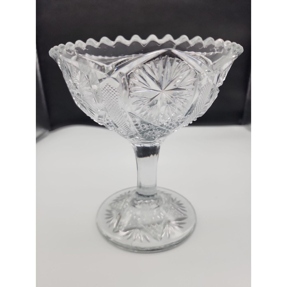 Vintage Clear Pressed Glass Pedestal Compote Candy Dish Sawtooth Starburst 6 1/2 - Picture 2 of 12